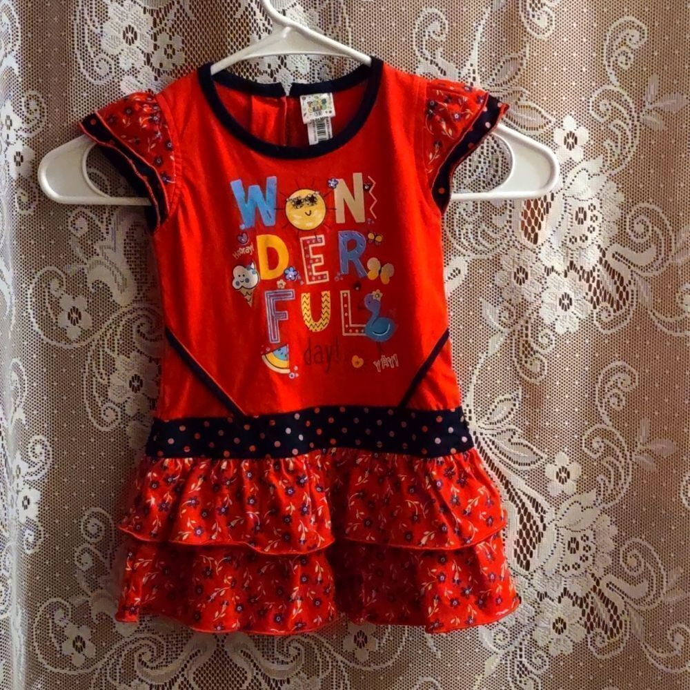 Tot's Club red floral dress, Girls size 18-24 mo cap sleeves ruffled drop skirt